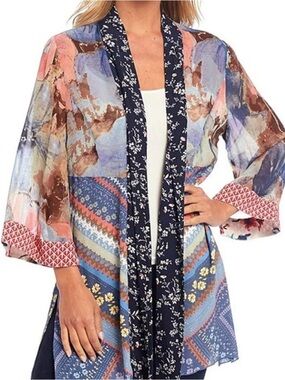 JOHN MARK Kimono 1X Multicolor Open Front 3/4 Sleeve Boho Hippie Mesh Back